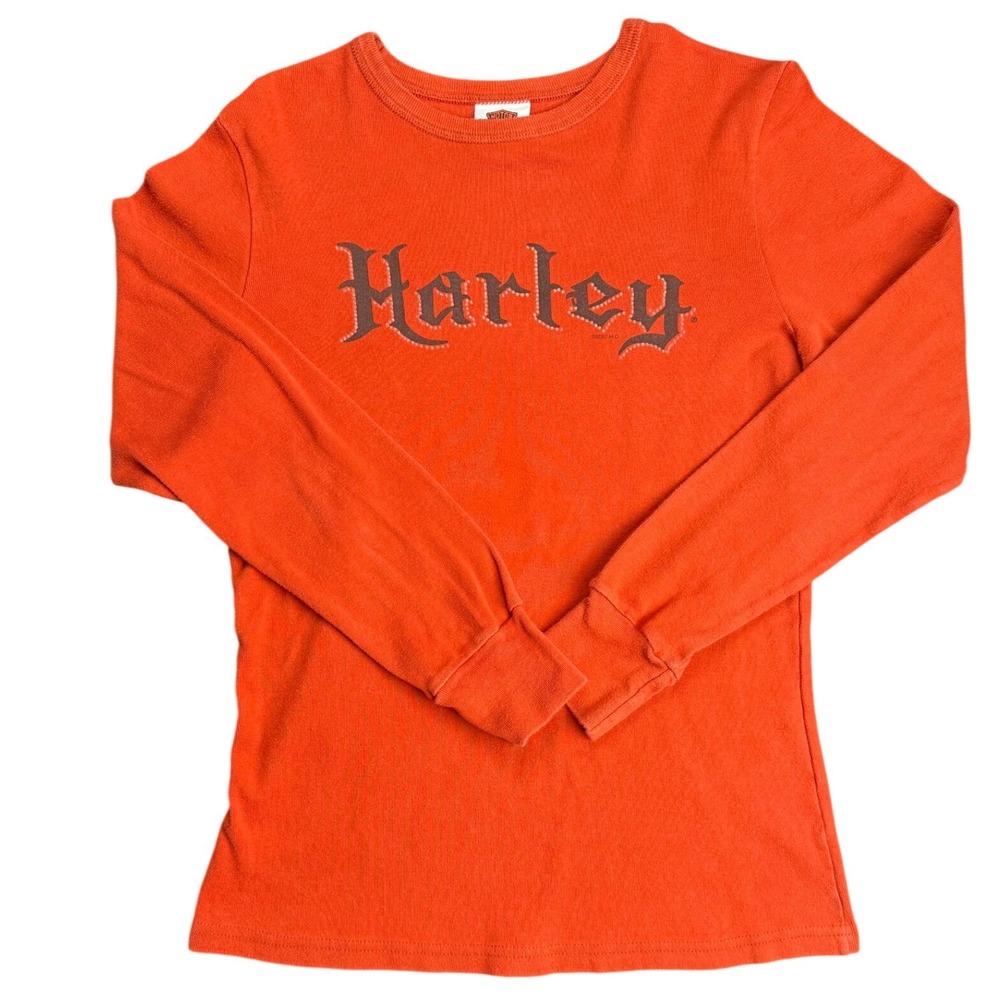 Harley Davidson Womens Long Sleeve Thermal Shirt‎ Orange Gothic Logo USA L